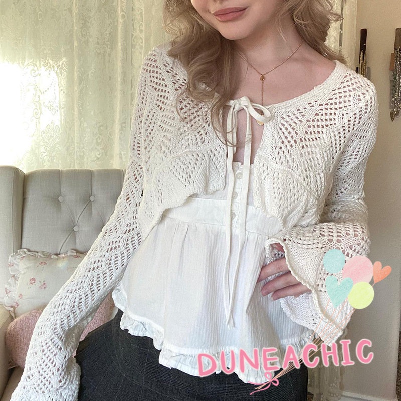 DUNEA Áo Khoác Cardigan Dệt Kim Dài Tay Phối Dây Thắt Thời Trang Dành Cho Nữ