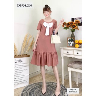 Đầm Suông Công Sở NHẬT VY Cổ Tròn Đính Nơ Chất Cotton Ý Đuôi Cá Màu Xanh, Hồng, Đen - D1938