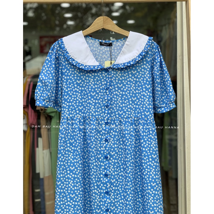 [HANNA] Đầm bầu công sở hoa nhí vải lụa cao cấp mềm mát không nhăn có size 80kg tay kiểu dễ thương dài đến gối có túi