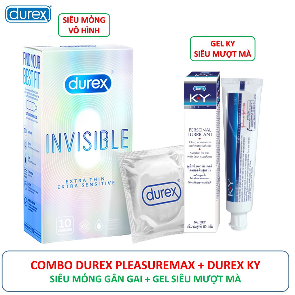 [DUREX CHÍNH HÃNG MẪU MỚI] Combo 10 Bao cao su Siêu mỏng vô hình Durex Invisible + Gel bôi trơn Durex Ky 60g