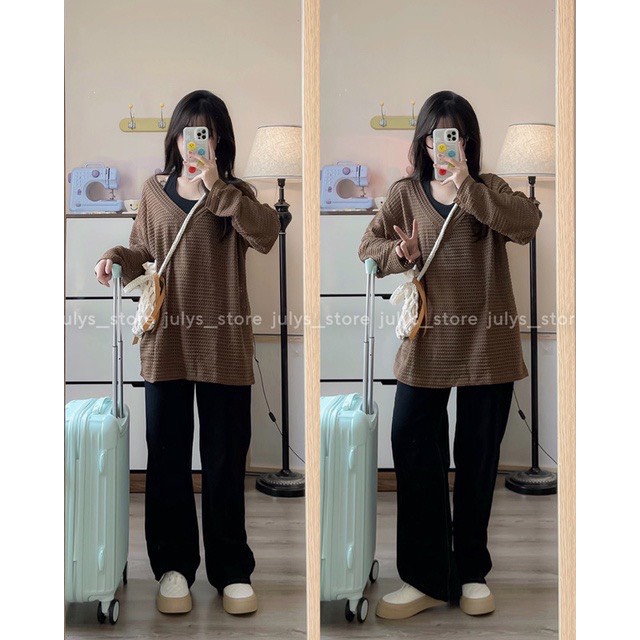Set áo len lưới cổ V form rộng mix áo quây cổ yếm phong cách sexy