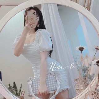 Đầm tay phồng nhún eo
