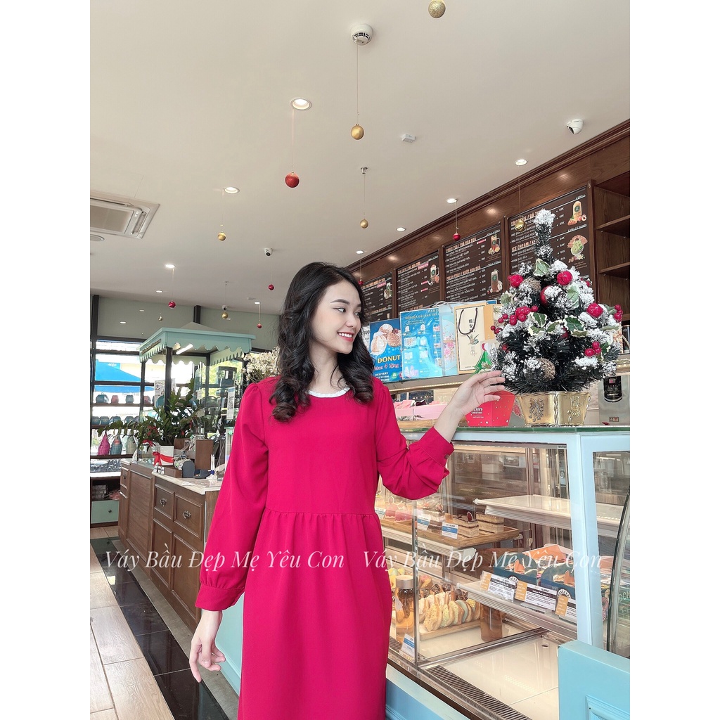 Đầm bầu công sở Váy bầu đẹp màu đỏ dài tay MYC 4M