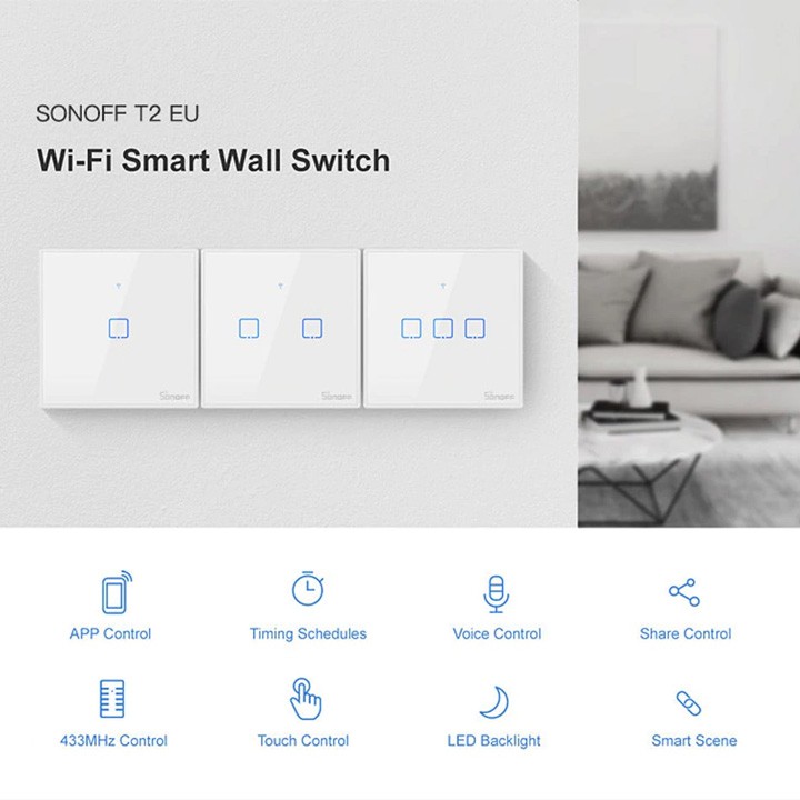 Công tắc wifi hình vuông cảm ứng âm tường thông minh Sonoff TX T2EU T3EU 1 2 3 Kênh