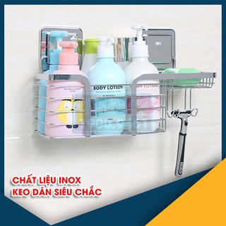 Giá kệ treo tường phòng tắm đa năng 1 tầng inox 304, có móc treo bàn chải đánh răng, không cần khoan tường LOTI 9309