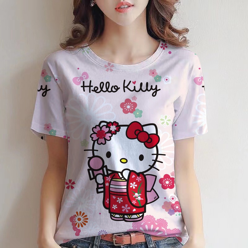 Áo Thun Nữ Ngắn Tay Cổ Tròn In Hình Hello Kitty
