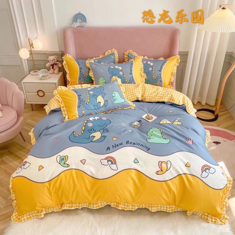 Trọn bộ 4 món vỏ chăn ga và hai vỏ gối cotton bèo hoạt tính mềm mịn mát