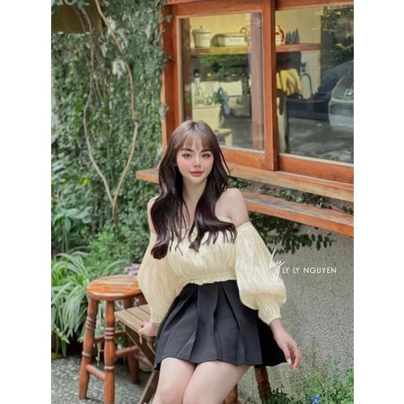 Set bèo tơ trễ vai chun eo mix quần đùi tacta siêu hot BN10643