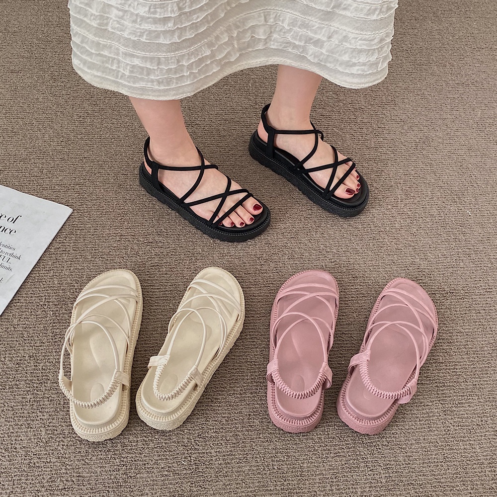 (HÀNG SẴN SHIP) Giày (dép) sandal dây đi biển, giày xăng-đan đế bằng 3 phân xinh xắn style Hàn Quốc