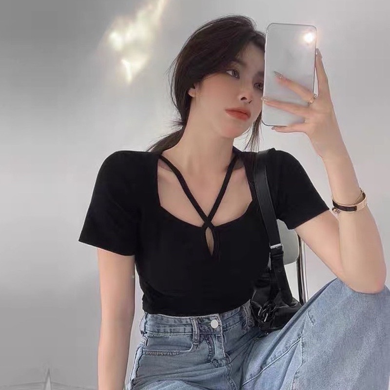 Áo thun nữ ,áo thun croptop nhún chất thun gân mềm , co giãn -A14