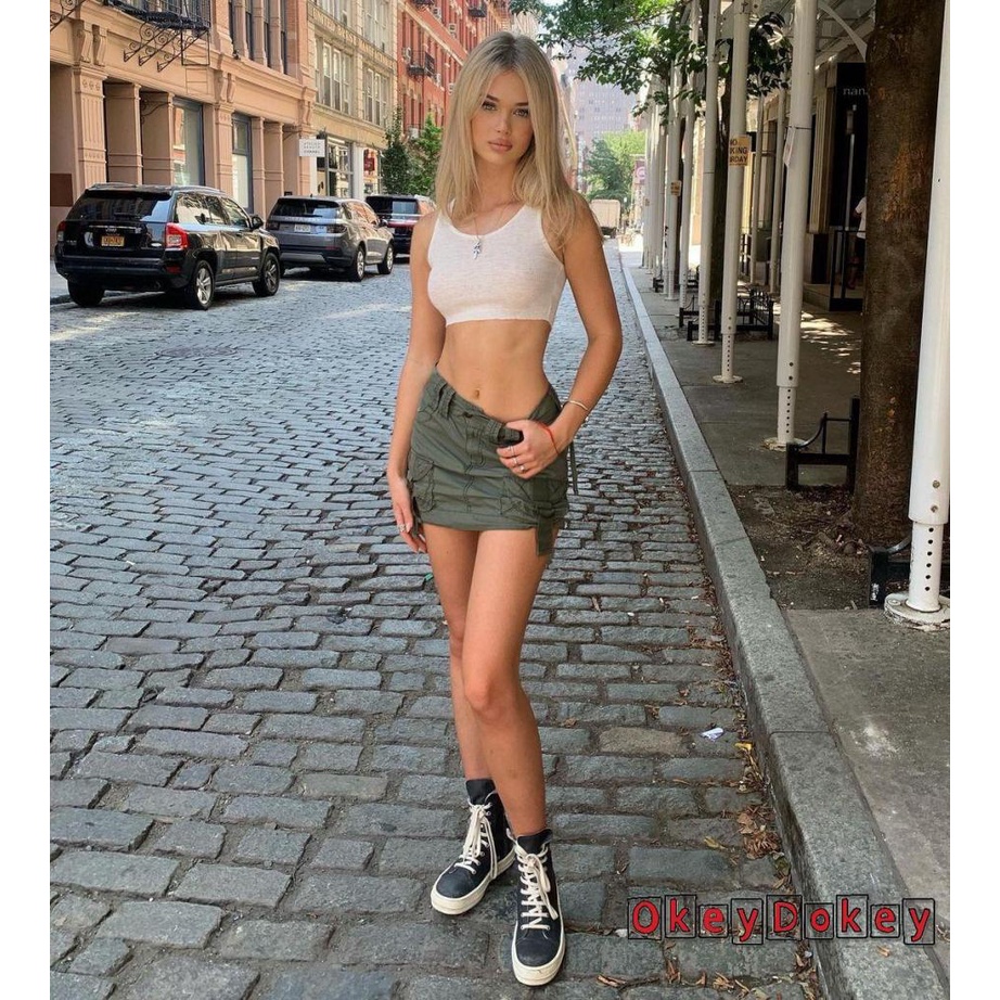 Vintage Chân Váy Chữ A Lưng Thấp Phối Túi Thời Trang Đáng Yêu Cho Nữ y2k