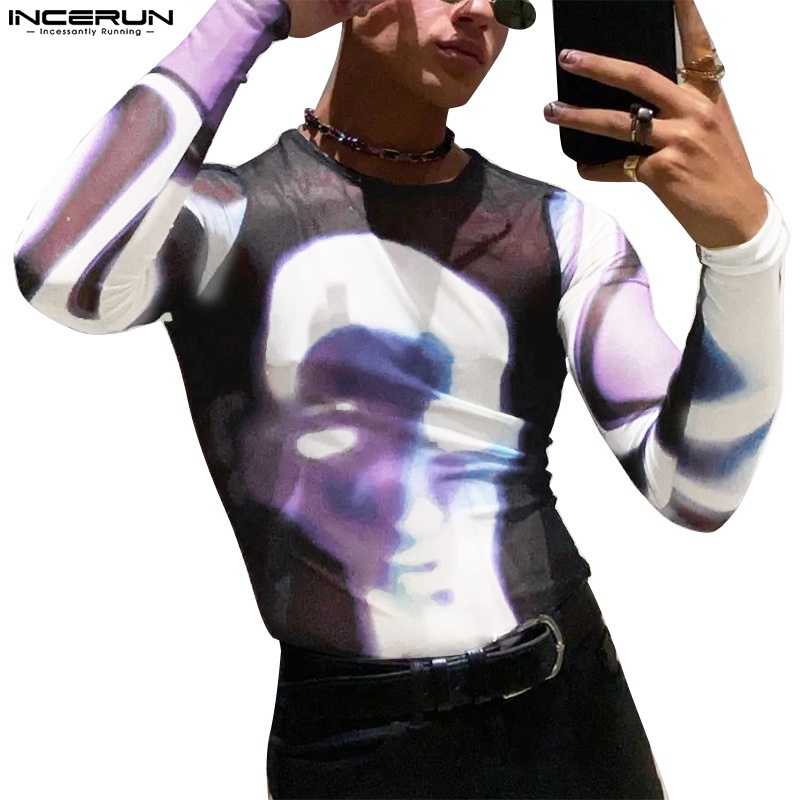 Áo thun INCERUN tay dài xuyên thấu thời trang cho nam