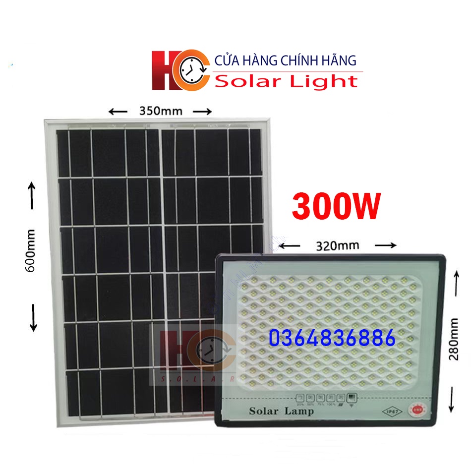 Đèn pha năng lượng mặt trời  HC SOLAR LINGHT 300W – Chống chói mắt, Vỏ nhôm, Tấm pin rời, Ánh sáng trắng, Kiểu Led mới