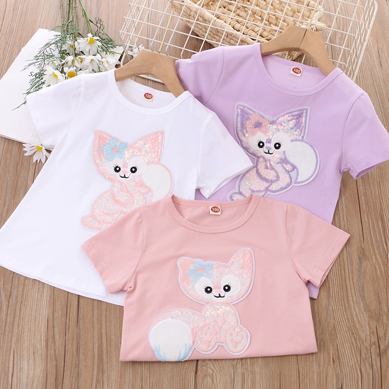 Áo Thun Tay Ngắn Cổ Tròn Vải Cotton Thoáng Khí In Hoạt Hình Đính Kim Sa Lấp Lánh Dễ Thương Cho Bé Gái