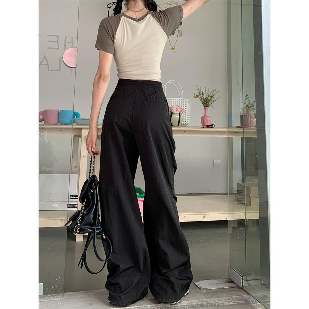 QADCOL Quần ống rộng Màu Đen Phong Cách retro Thời Trang Mùa Hè Dành Cho Nữ