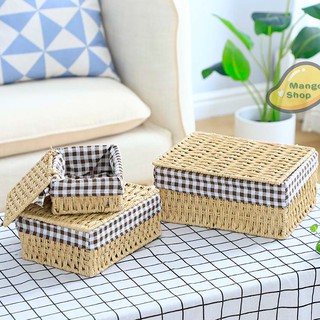 Set giỏ mây có nắp lót vải xinh xắn đựng đồ ( Rổ caro nâu đựng đồ trang điểm đựng snack )