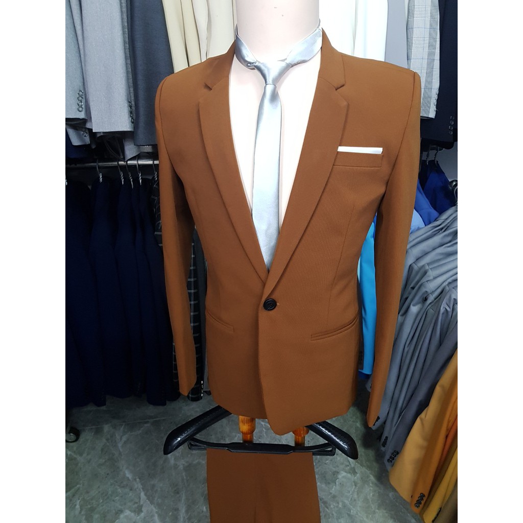 Bộ vest nam form ôm body màu đồng đậm chất vải dày mịn co giãn + cà vạt nơ