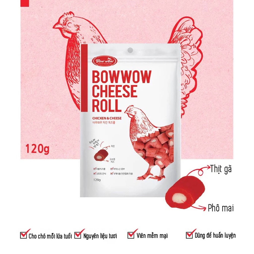[120gr] Snack cho chó mèo Phô Mai Cuộn Thịt Gà Bowwow