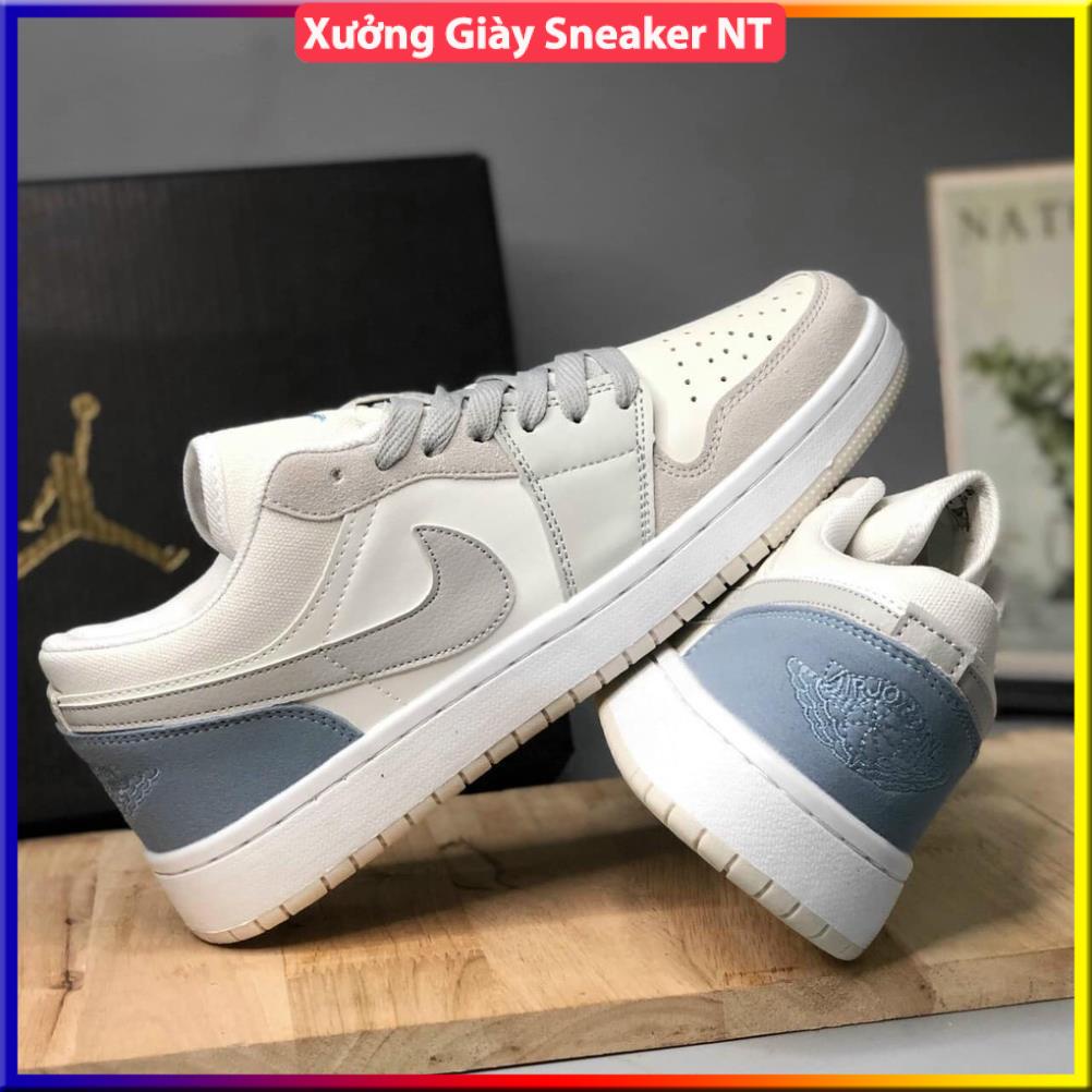 Giày Jordan 1 Low Paris Trắng Xám, JD1 Low Paris Cổ Thấp Gót Xanh Thời Trang Full Box Bill