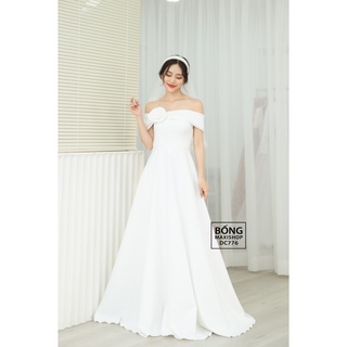 Váy cưới phi nhật trắng trễ vai hoa DC776PNT