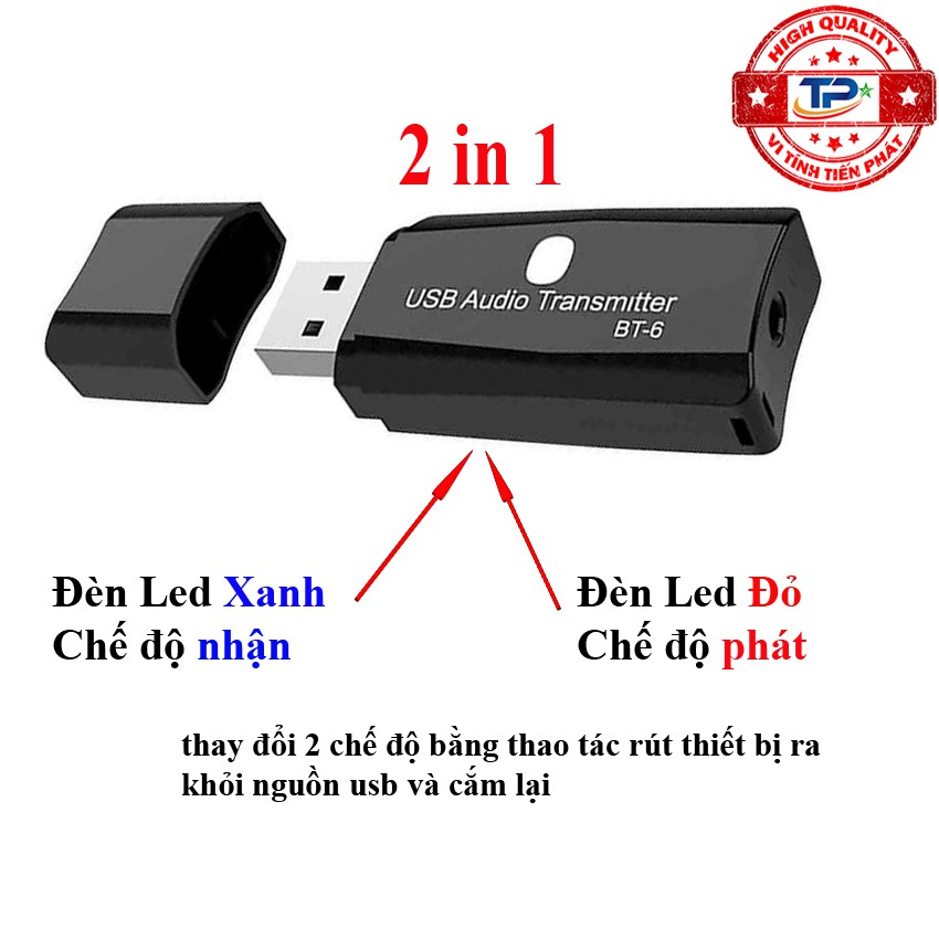 USB Thu và Phát âm thanh Bluetooth 5.0 2 trong 1 BT-TX6 Music Audio Receiver Transmitter Dongle biến Loa, Amply, PC