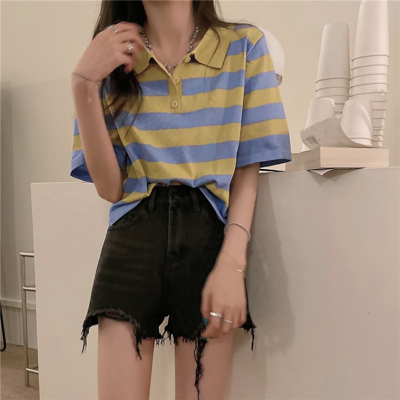 Áo thun polo ZHELIHANGFEI ngắn tay kẻ sọc thời trang hè cho nữ
