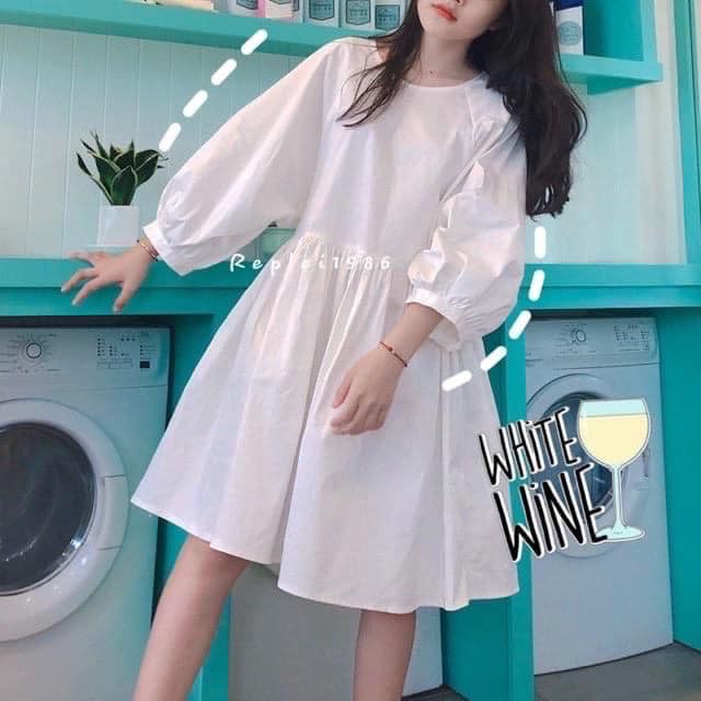 Đầm Babydoll Tay Phồng 🌸 Váy Nữ Trơn Dáng Xòe 2 Màu Đen Trắng  ,Kho Hàng Chuyên Đồ Sỉ