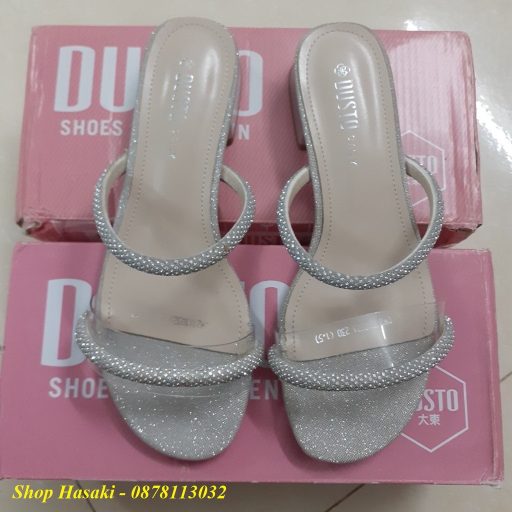 Dép nữ Dusto quai ngang phối ánh kim, gót vuông 3cm
