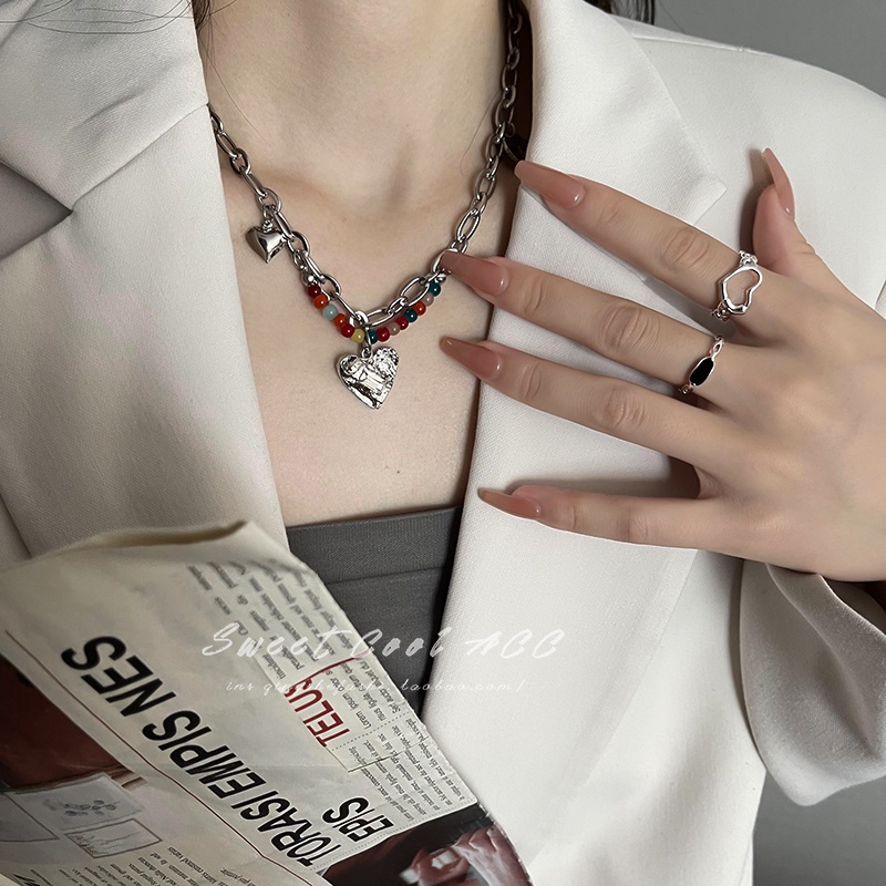 Set 2 Nhẫn Bạc Khắc Trái Tim Rỗng Có Thể Điều Chỉnh Kích Cỡ