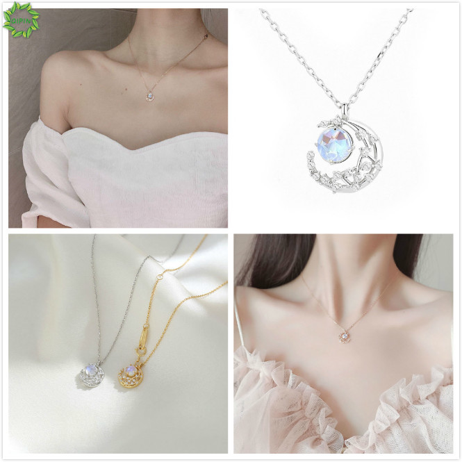Dây Chuyền Đeo Sát Cổ Mặt Hình Mặt Trăng Đính Đá Giả Kim Cương Sang Trọng Phong Cách Hàn Quốc Dành Cho Nữ
