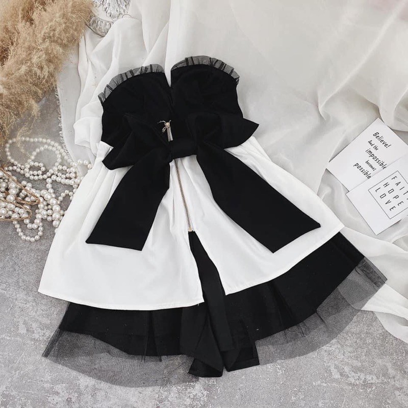 SET ĐẦM TRẮNG XOÈ XẾP LI PHỐI CÚP NGỰC VOAN ĐEN NƠ LƯNG + CHÂN VÁY ĐEN