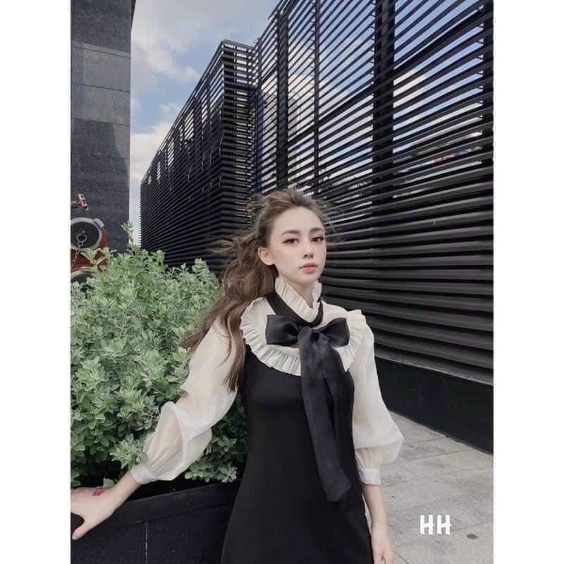 Váy phối cổ nơ bèo tiểu thư