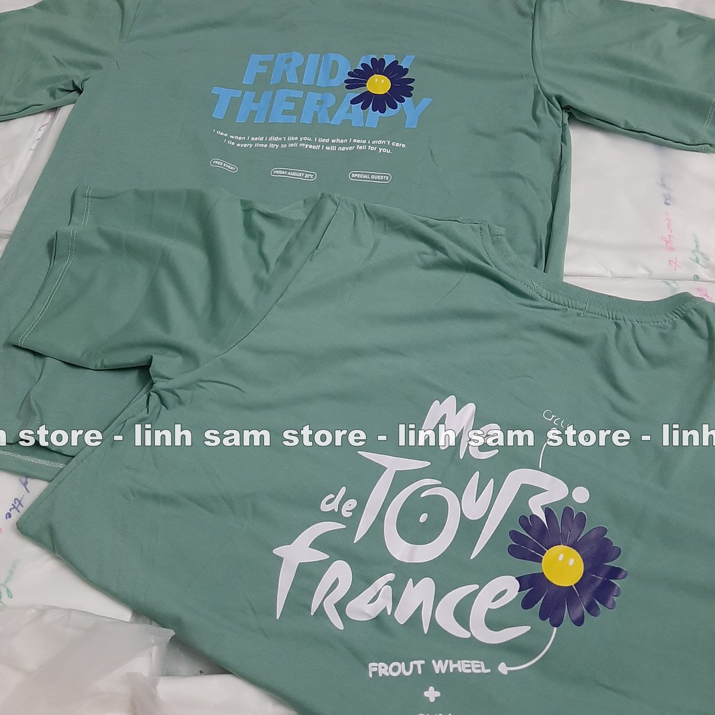 Áo thun tay lỡ nữ SAM CLO freesize - phông form rộng Unisex, mặc lớp, nhóm, cặp, in hình hoa cúc chữ FRIDAY THERAPY