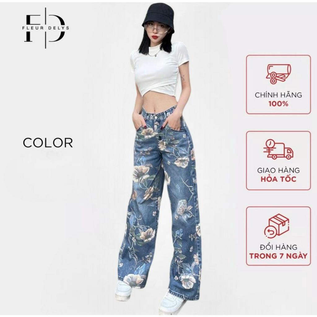 Quần Jean Suông In Hoa & Áo Croptop Nữ Chéo Eo Delys Quần Cạp Cao Và Áo Cổ Tròn Ngắn Tay