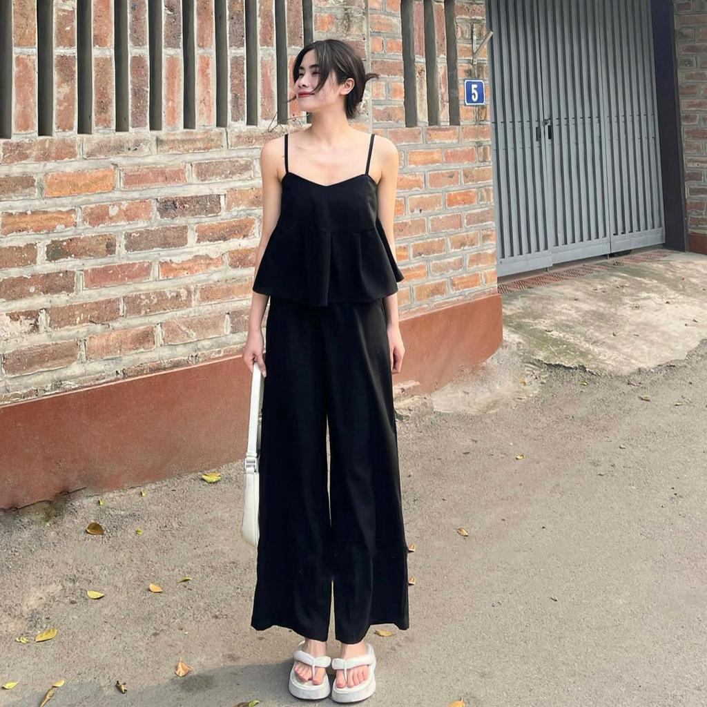 Set nữ xinh, Set áo 2 dây xếp ly kèm quần cạp cao dáng xòe style Hàn Quốc
