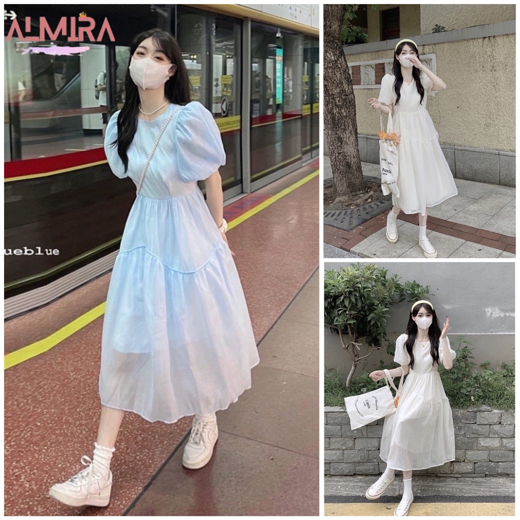 Váy Cổ Vuông Rúm Ngực Chun Lưng Tay Lỡ Dáng Xòe Dài Bồng Bềnh, Đầm Công Chúa Nơ Lưng