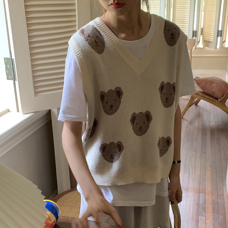 Áo len không tay cổ chữ v form rộng phong cách Hàn quốc