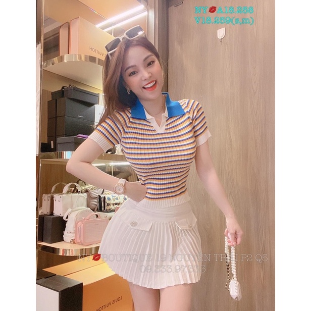 ÁO LEN TĂM XANH KẺ CỔ ĐỨC TAY CỘC DÁNG ÔM CO GIÃN MS11662