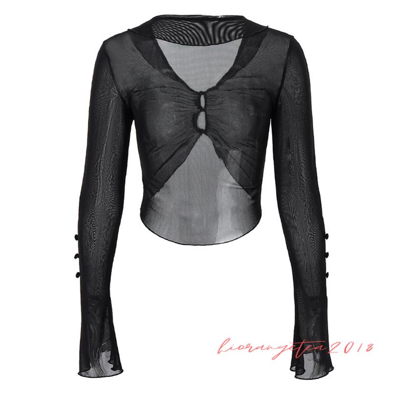 Áo Croptop Tay Dài Phối Lưới Xuyên Thấu Thời Trang Cho Nữ