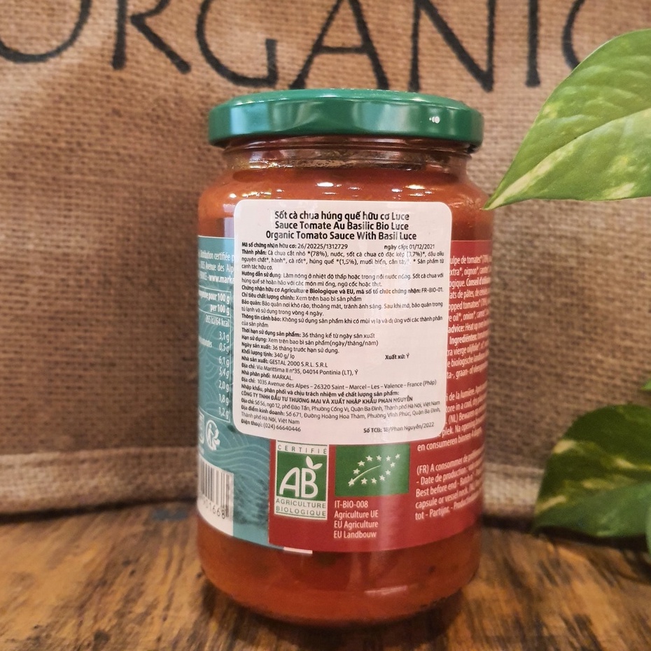 Sốt mì ý hữu cơ thuần chay Luce 340g (vị cà chua húng quế / truyền thống Bolognese)