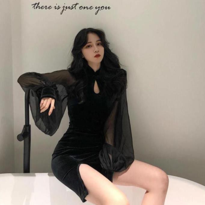 Váy sườn xám tay dài cổ đứng eo cao thiết kế hở lưng thời trang dành cho nữ | BigBuy360 - bigbuy360.vn