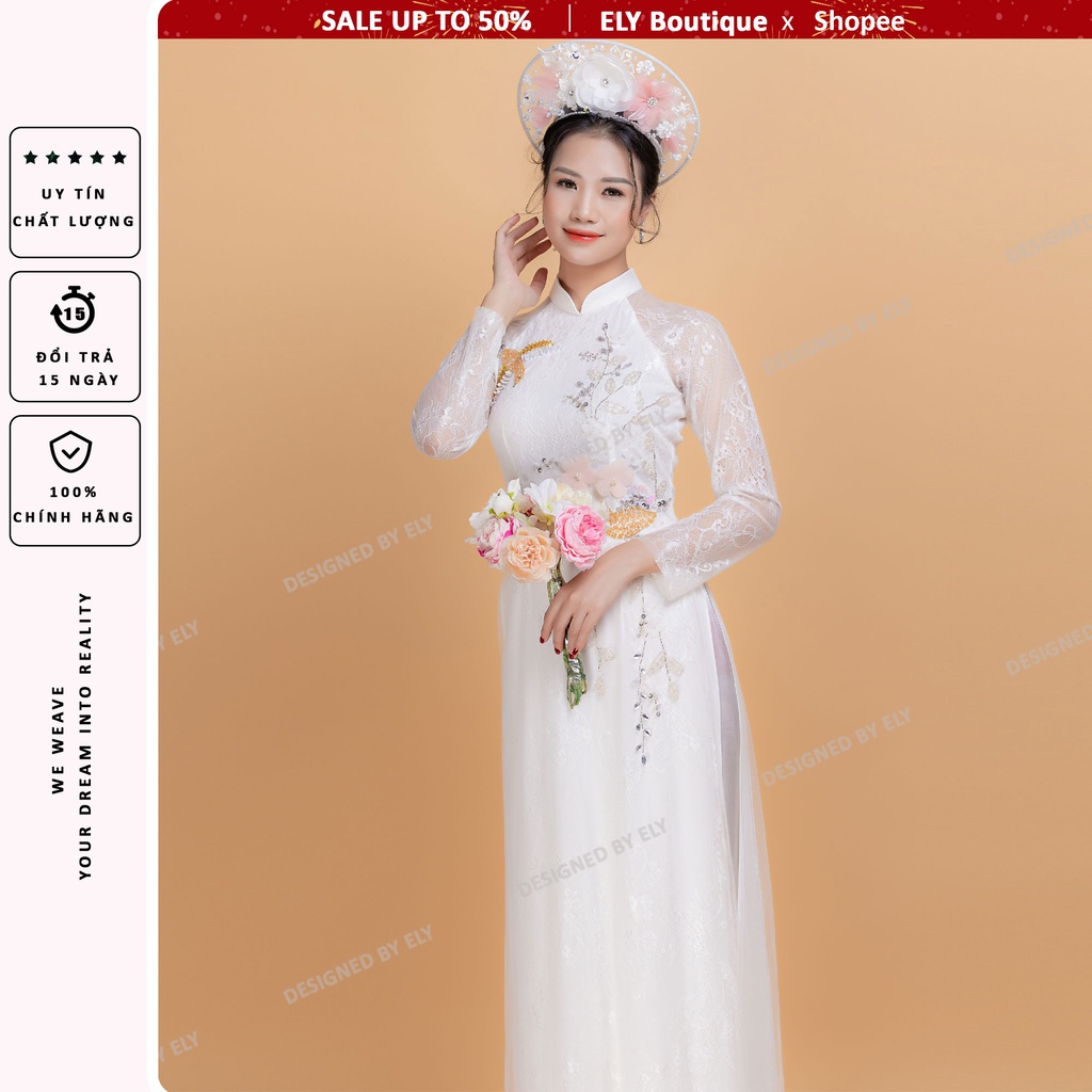 Áo dài cưới ELY Boutique 3 lớp 6 tà áo dài trắng kết hạt họa tiết cách điệu ELR11