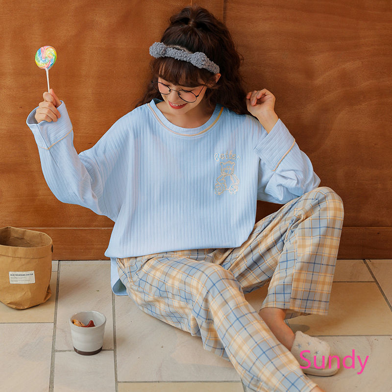 Bộ Quần Áo Ngủ Tay Dài Dáng Rộng Chất Cotton Mềm Mại Trẻ Trung Hợp Thời Trang