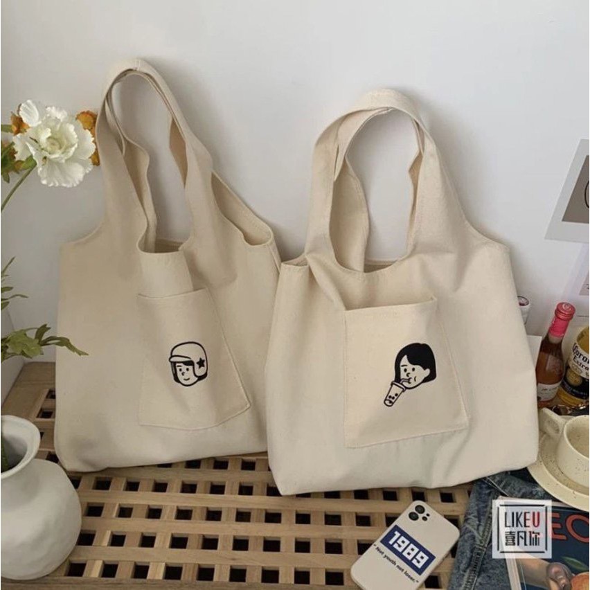Túi tote vải canvas đeo vai thời trang giá rẻ họa tiết dễ thương