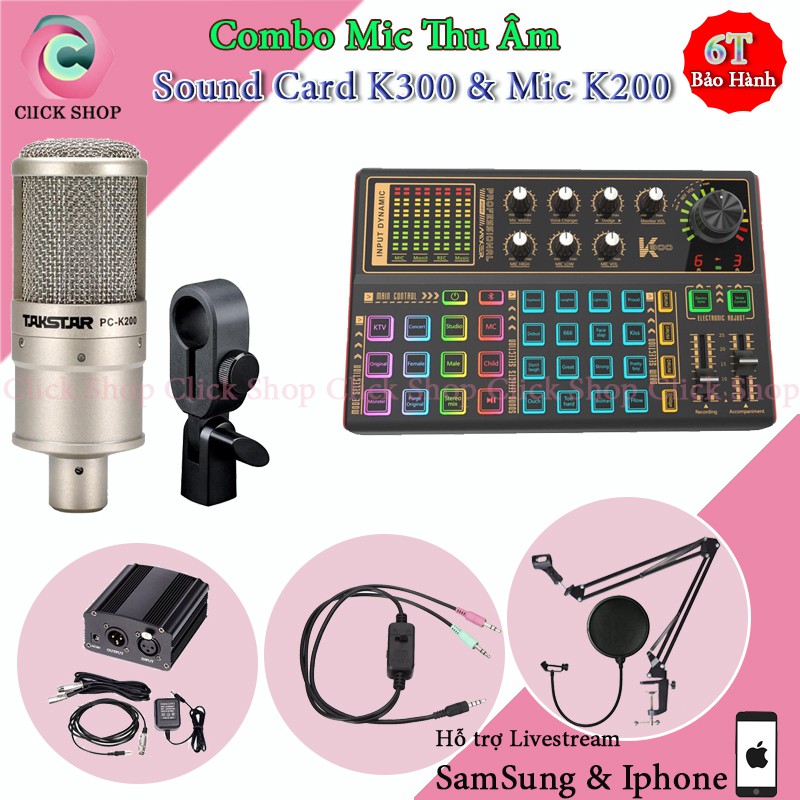 Sound card k300 mic thu âm Takstar PC K200 nguồn 48v chân đế màng lọc và dây livestream MA2 2 dây mic