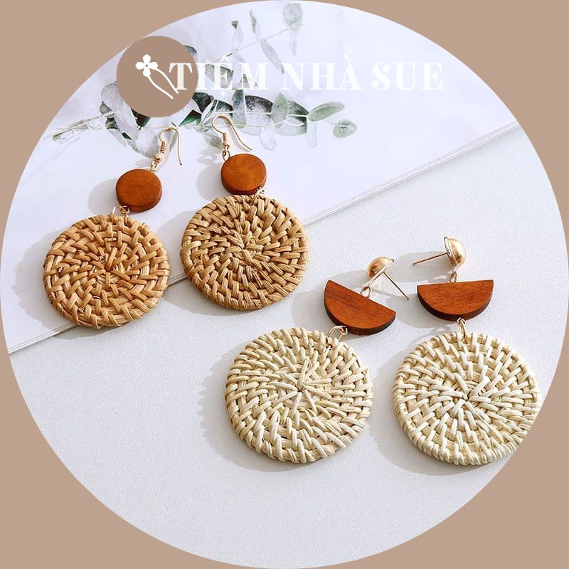 Bông tai mây tre đan thời trang sành điệu Khuyên tai cói đi biển phong cách vintage SUESUE VN015