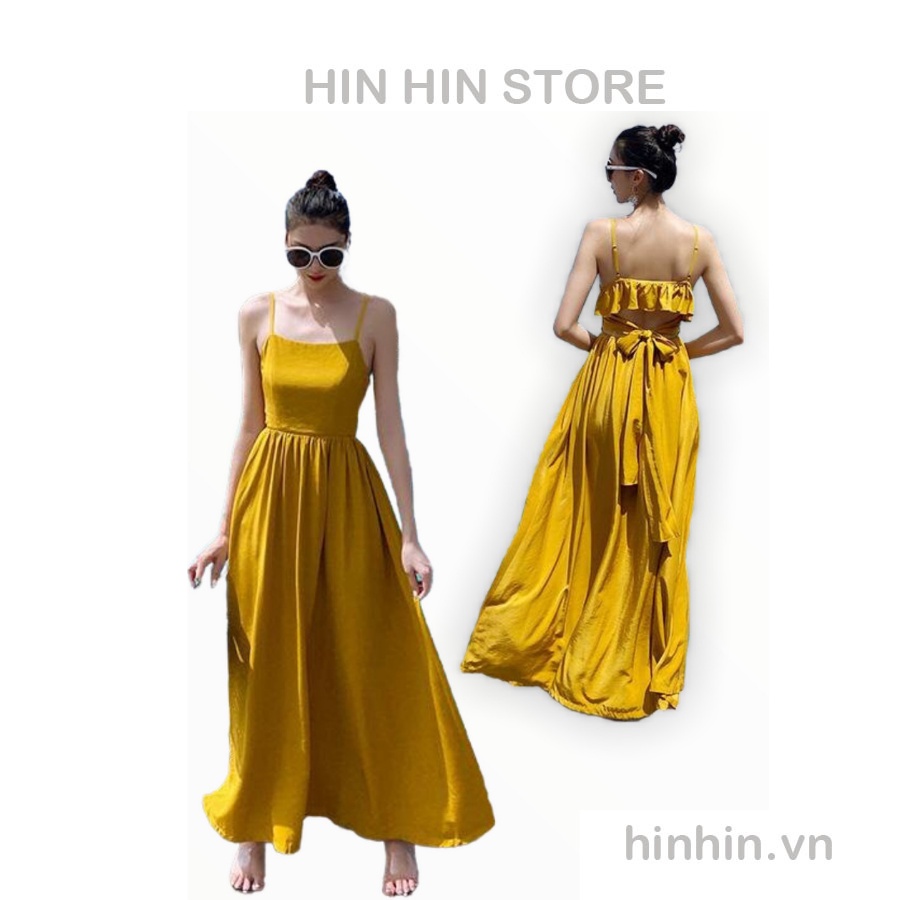 Đầm maxi lụa 2 dây đi biển cột nơ hở lưng màu vàng HDC75 - Hỉn Hỉn Store