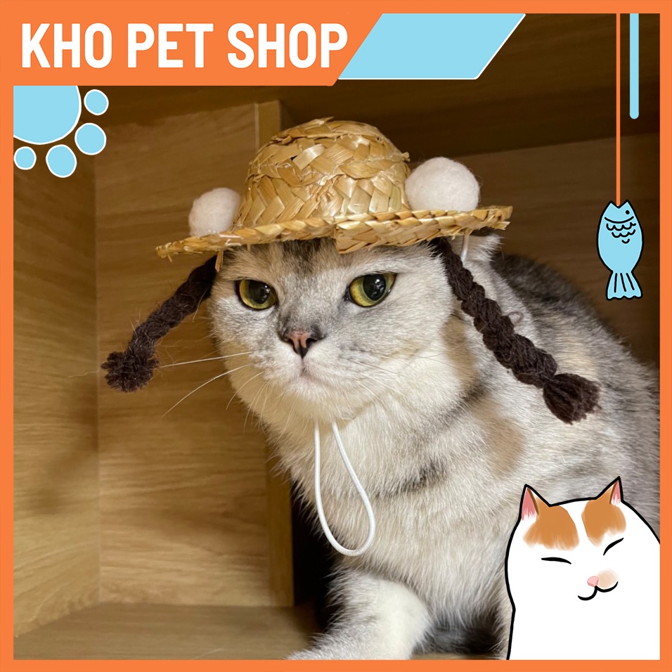 Mũ cói kèm tóc tết 2 bên cho thú cưng