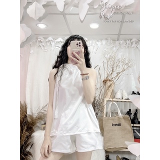 set áo yếm lụa cột nơ rời phối quần short tafta