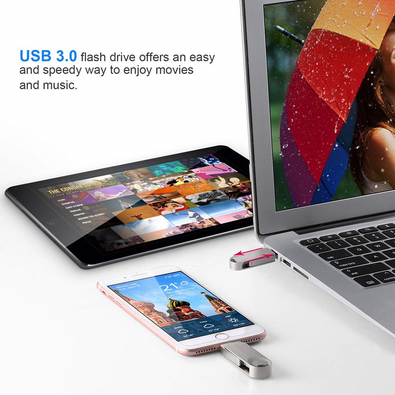 USB 3 trong 1 lưu trữ ngoài dung lượng 128Gb dành cho IPhone / IPad / IOS / Android / PC tiện dụng chất lượng cao